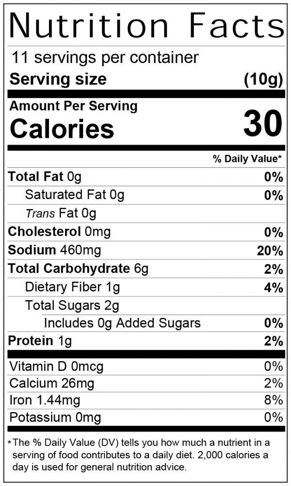 Nutrition Label for Bar None Brothers All Meat Rub Seasoning.