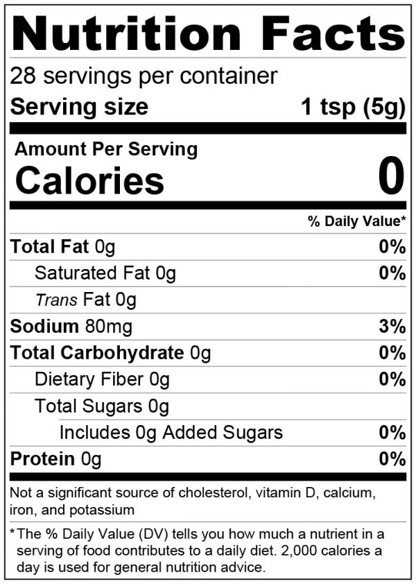 Nutrition Label for Bar None Brothers Mild Hot Sauce.